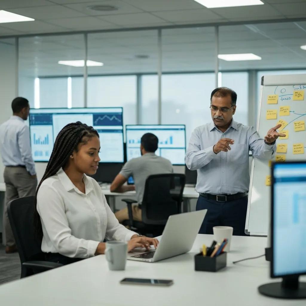 Diverse team collaborating in a modern office on information services solutions