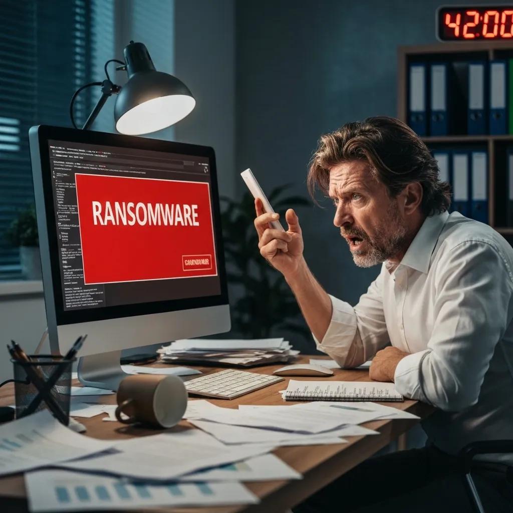 A visibly stressed small business owner confronting a ransomware alert on a computer screen amidst a cluttered office environment