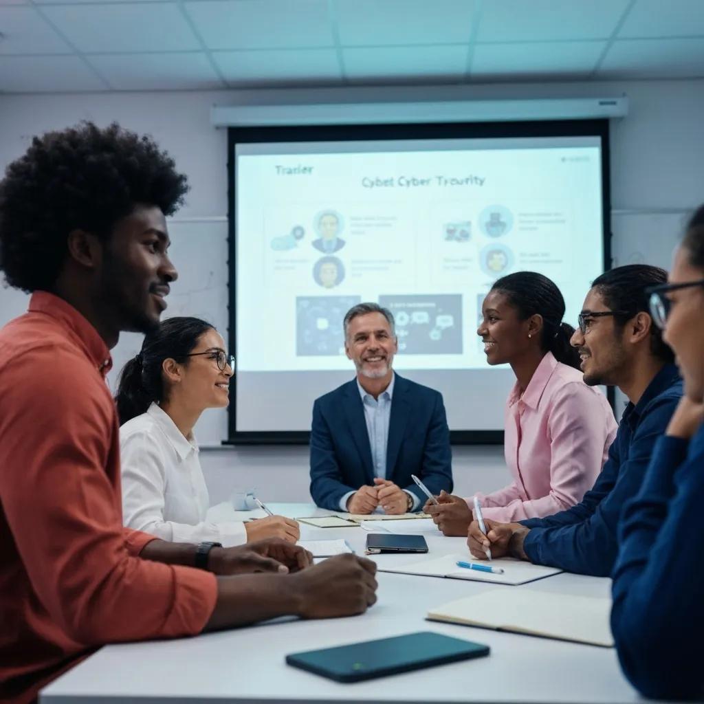 Employees actively engaged in a cyber security training session, enhancing their awareness and collaborative security efforts