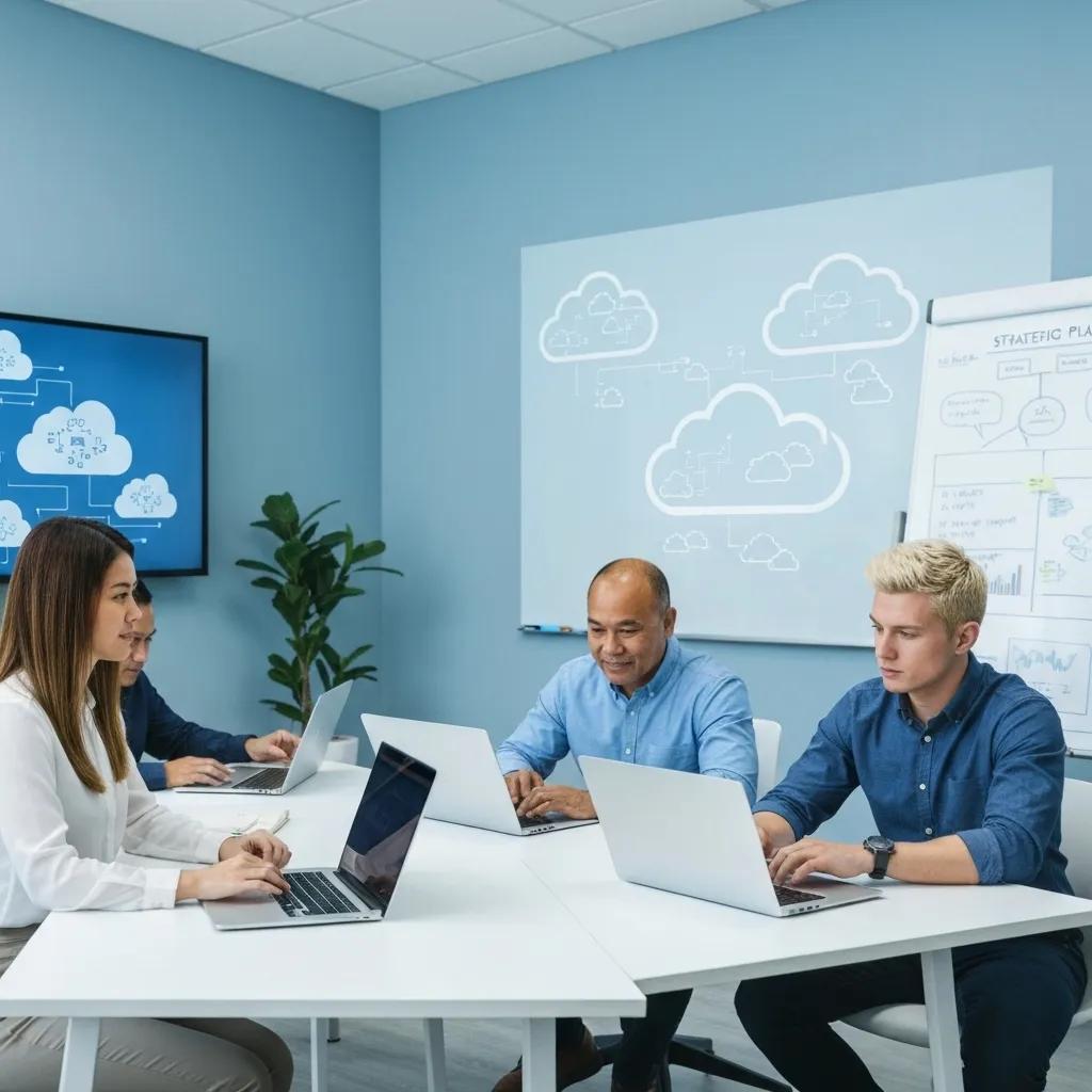 Team of IT professionals collaborating in a modern office, emphasizing managed solutions and technology