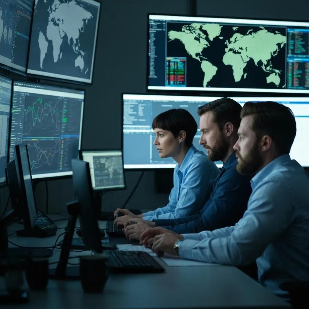 Cybersecurity operations center with professionals analyzing data, emphasizing managed security services