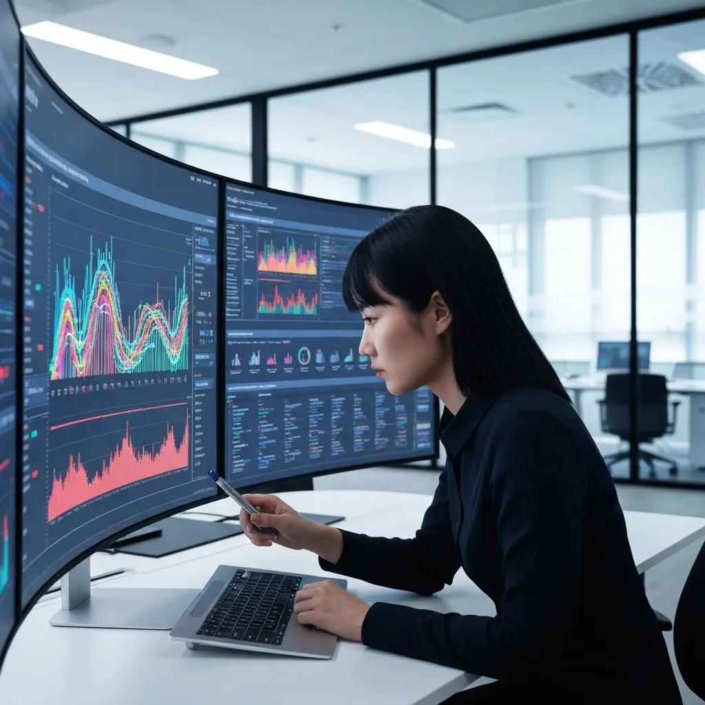 Data scientist analyzing AI algorithms and machine learning models in a modern office