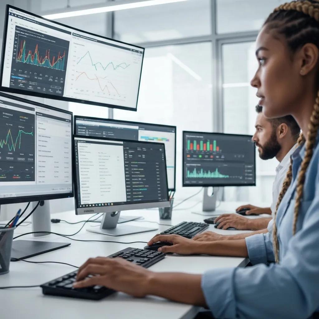 IT support team monitoring network performance, illustrating productivity and operational efficiency