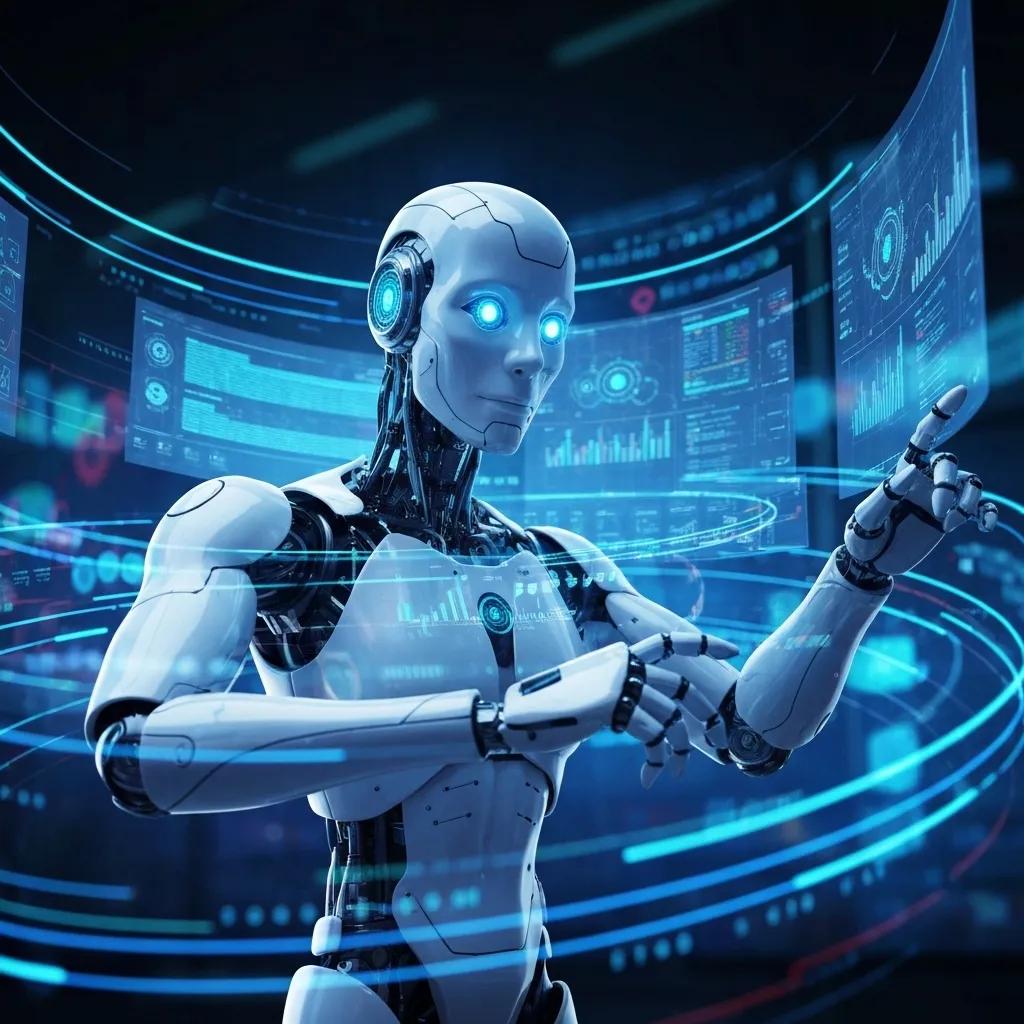 Futuristic depiction of artificial intelligence automating business processes with data streams