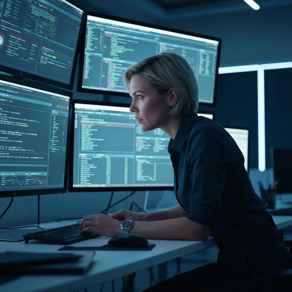 Cybersecurity professional monitoring threats in a high-tech operations center