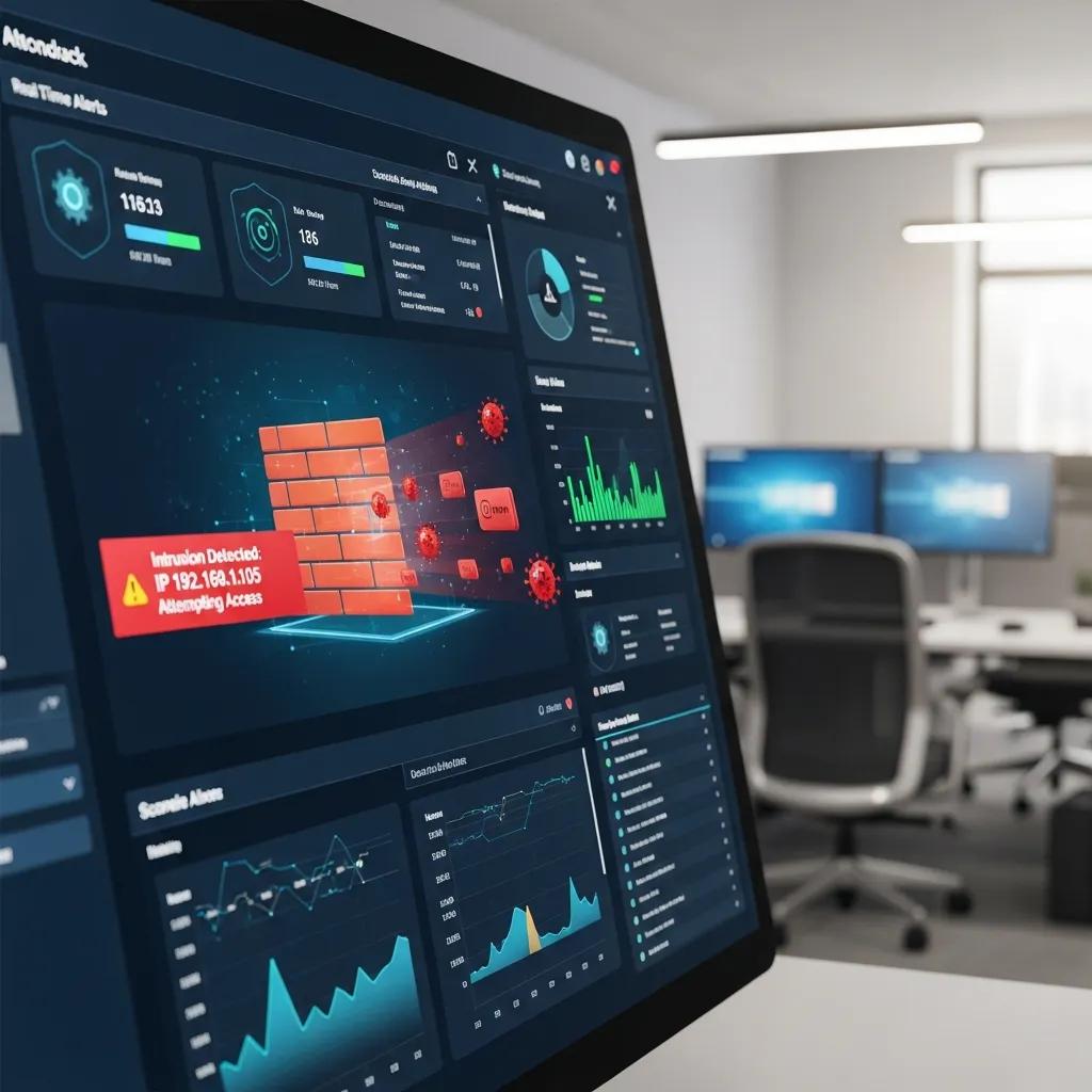 Workstation showing security alerts and dashboard tools used to monitor cybersecurity