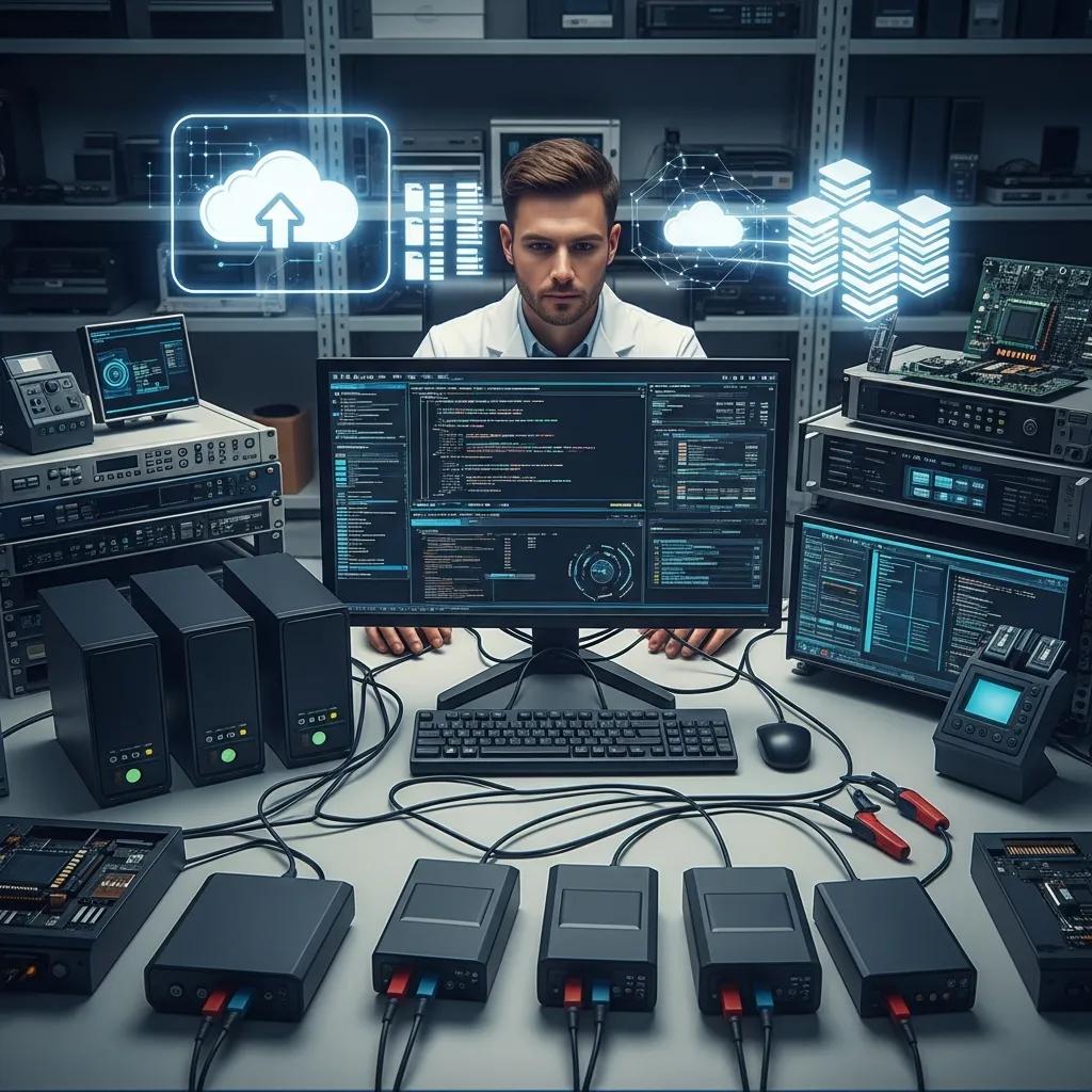 Technician performing data recovery using external drives and cloud backups in a lab setting