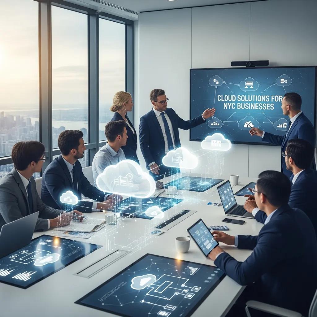 Business professionals discussing cloud solutions in a modern setting