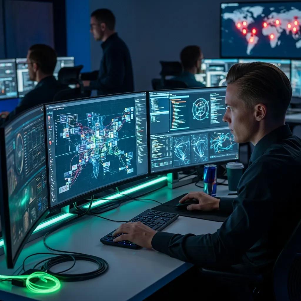 Cybersecurity expert monitoring network traffic in a high-tech control room