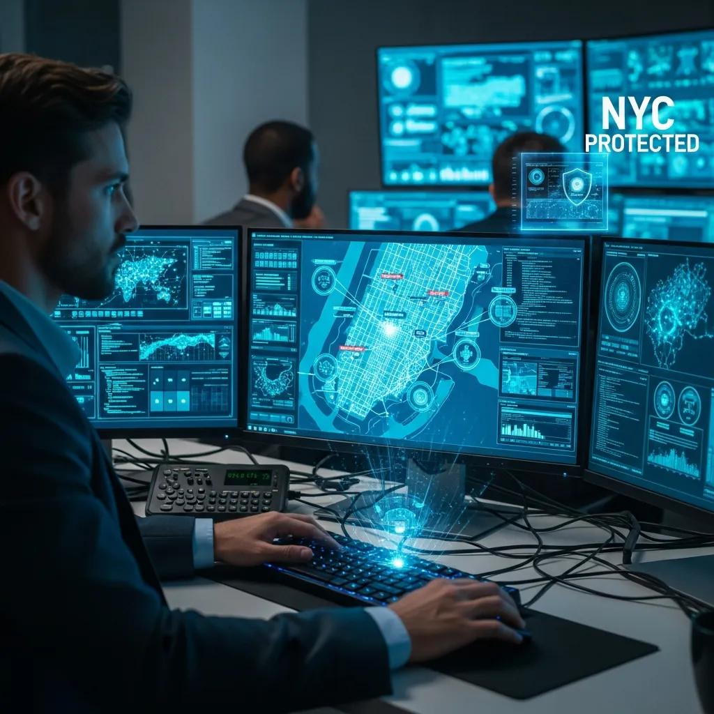 Cybersecurity expert monitoring security data in a high-tech control room