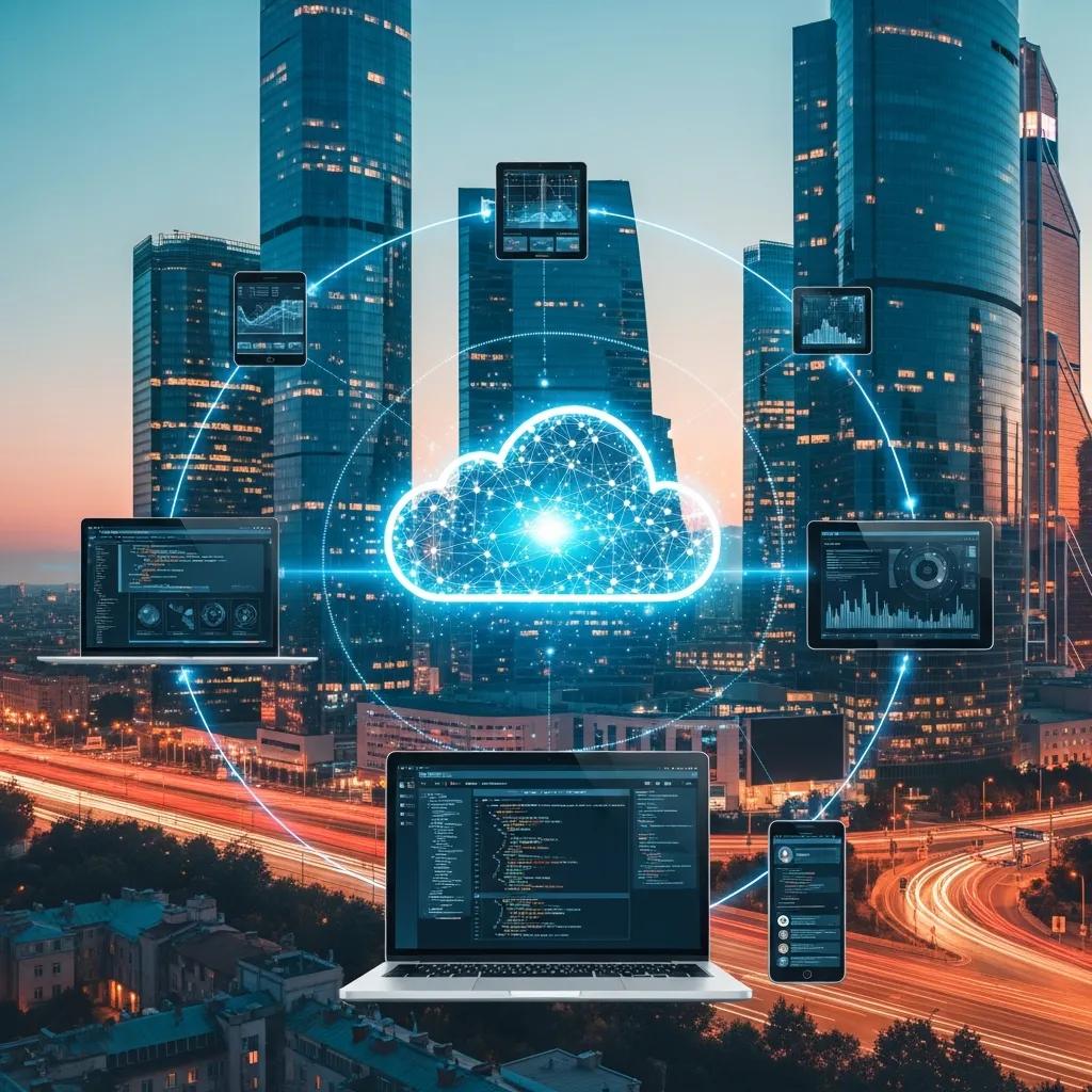 Digital cloud computing concept with technology devices in an urban setting