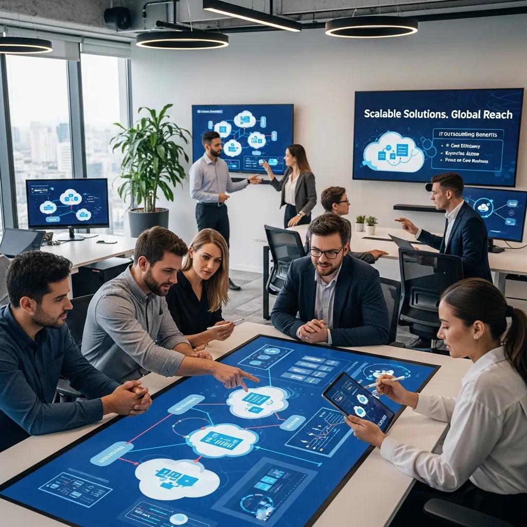 IT professionals discussing cloud solutions and outsourcing in a modern workspace