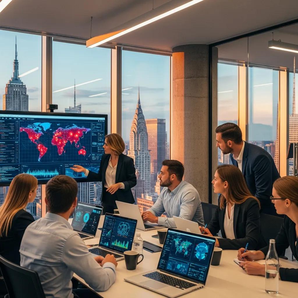 Modern office meeting on cybersecurity services in NYC with professionals discussing strategies