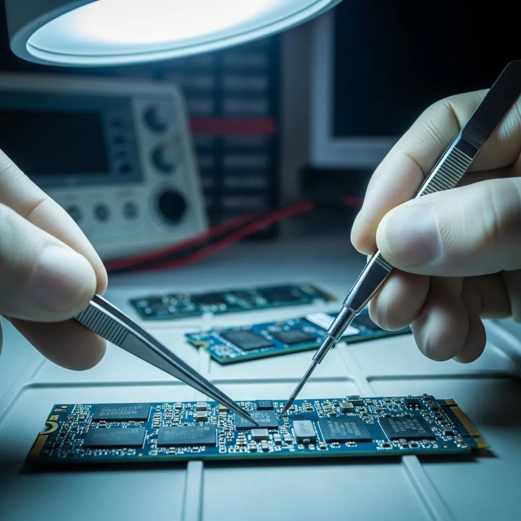 Technician examining SSD with specialized tools for recovery