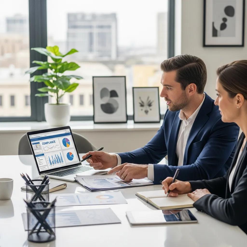 Consultant discussing compliance strategies with a client in an office