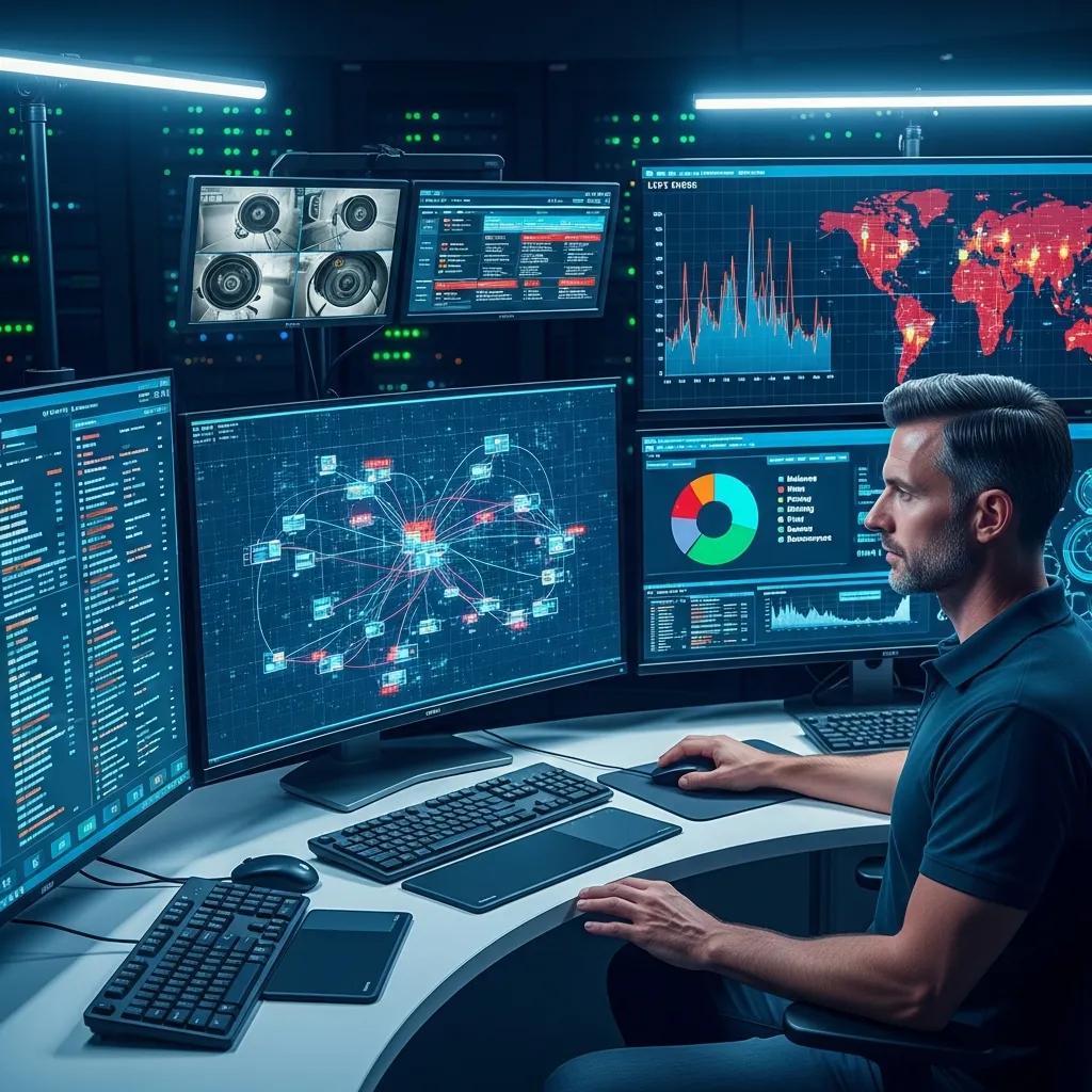 Cybersecurity expert monitoring network security in a control room