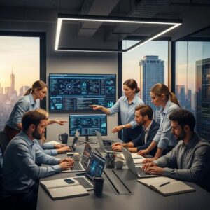 Professionals discussing cybersecurity solutions in a modern NYC office