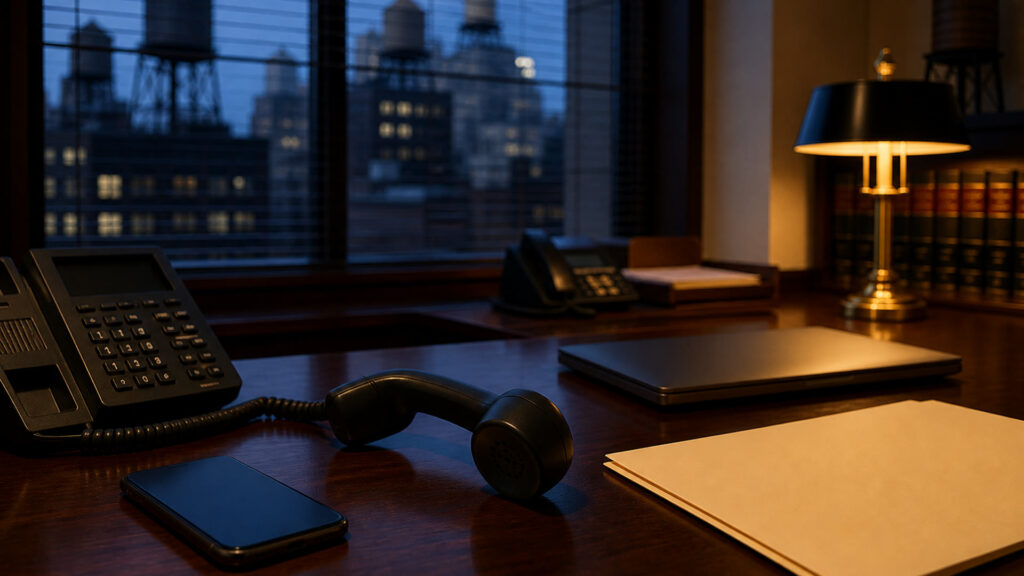 Dim NYC law office at dusk with a landline off the hook and a closed laptop, suggesting a callback to a number already on file before a wire.