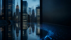 Midtown Manhattan skyline reflected in a dark office table with abstract blue session-trail light