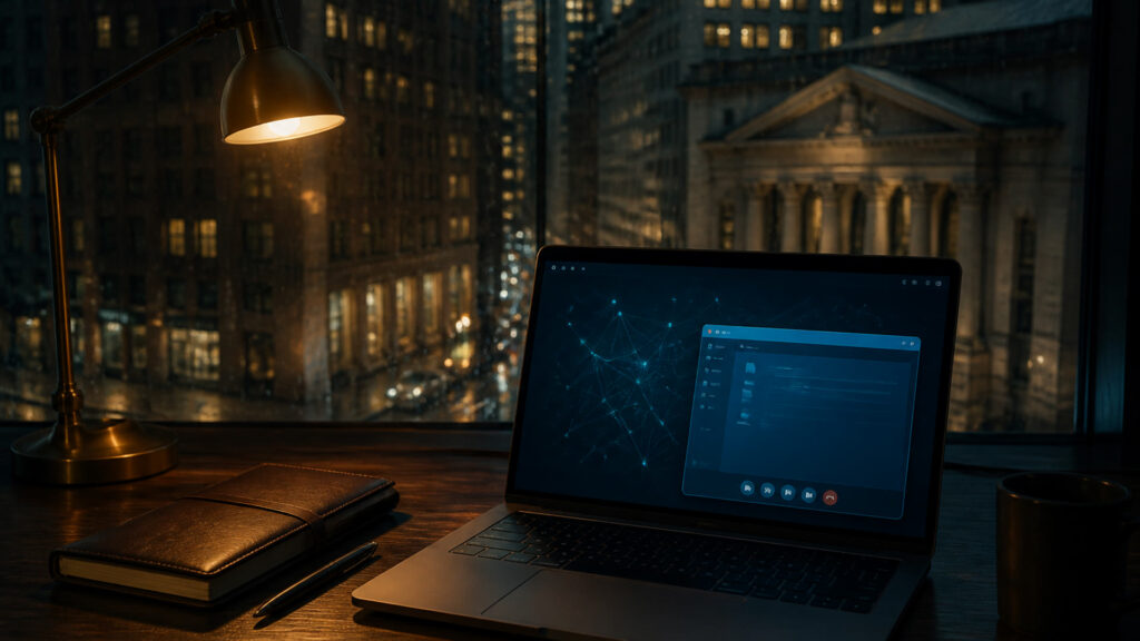Nighttime NYC finance-district desk with a laptop showing an unlabeled network graph, illustrating MSP vendor risk after the NYDFS N-central alert.