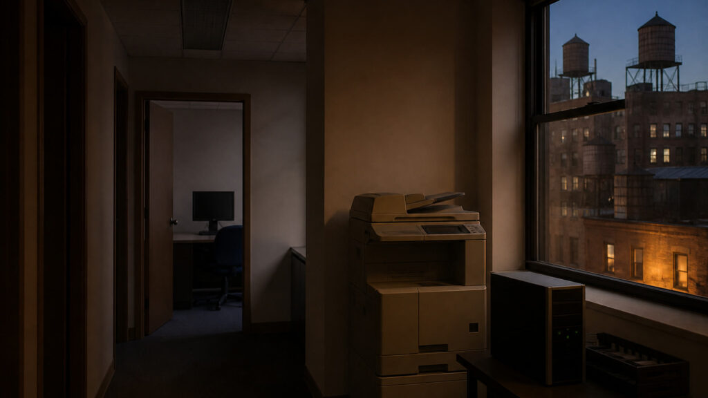 Dim NYC office corner with a leftover multifunction copier and a small tower PC by a window overlooking water towers at dusk.