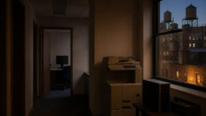 Dim NYC office corner with a leftover multifunction copier and a small tower PC by a window overlooking water towers at dusk.