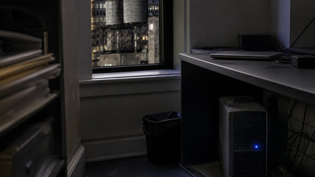 Dim NYC office nook with a leftover tower PC under a desk and water towers outside the window, suggesting an unpatched on-premises SQL Server.