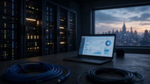 Server racks and a New York skyline at dusk behind an ops desk — Magento storefront security context
