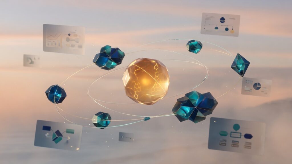 Abstract soft amber AI core with navy and teal workflow nodes taking action across connected business tiles — no people, logos, or text