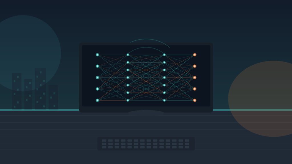 Abstract NYC office desk with neural training visualization in teal and orange tones