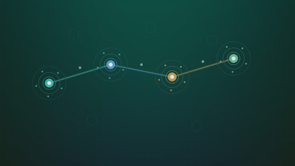 Abstract teal and amber process nodes connected in a four-stage AI implementation cycle on a dark professional background