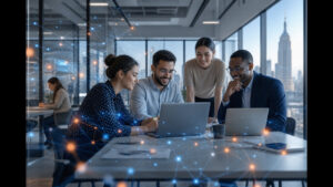 Modern office collaboration scene suggesting AI services for businesses in NYC and Myrtle Beach.