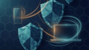 Abstract navy and teal crystalline shield with soft network arcs — Apple CoreGraphics KEV cybersecurity theme