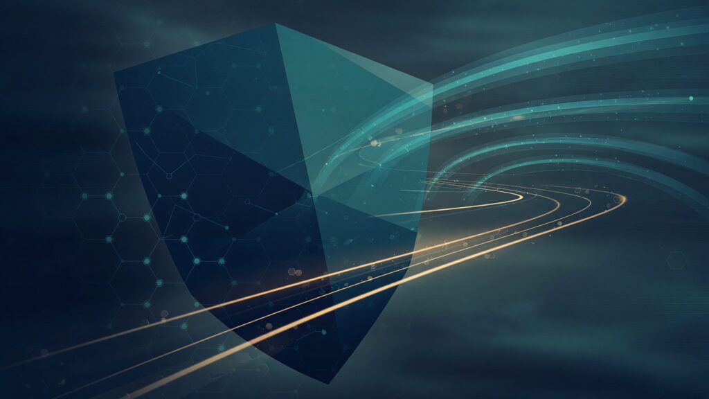 Abstract navy and teal firewall shield with glowing VPN tunnel arcs — Check Point KEV cybersecurity theme