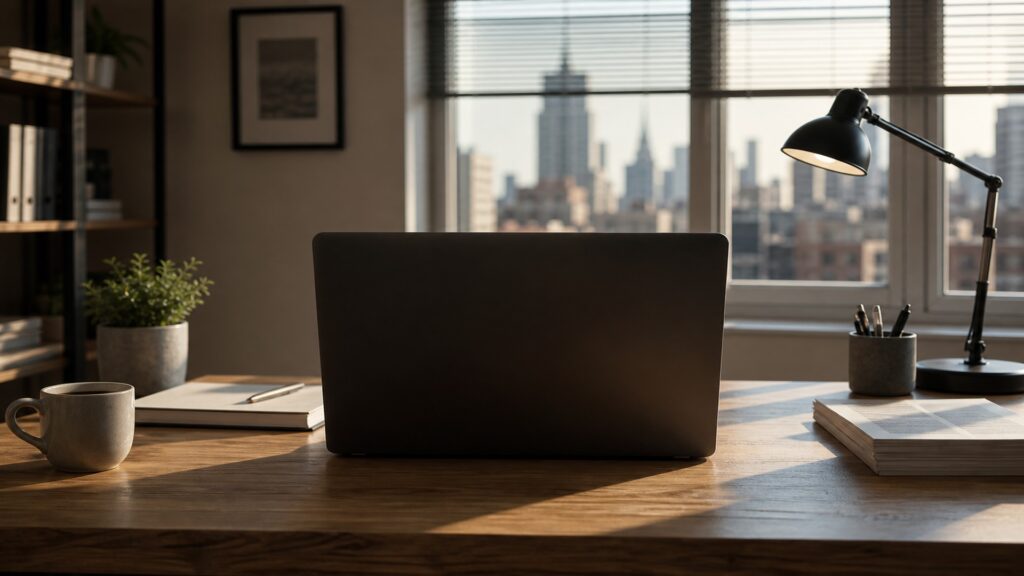 Unmarked laptop on an NYC office desk with soft morning light and skyline, no readable text