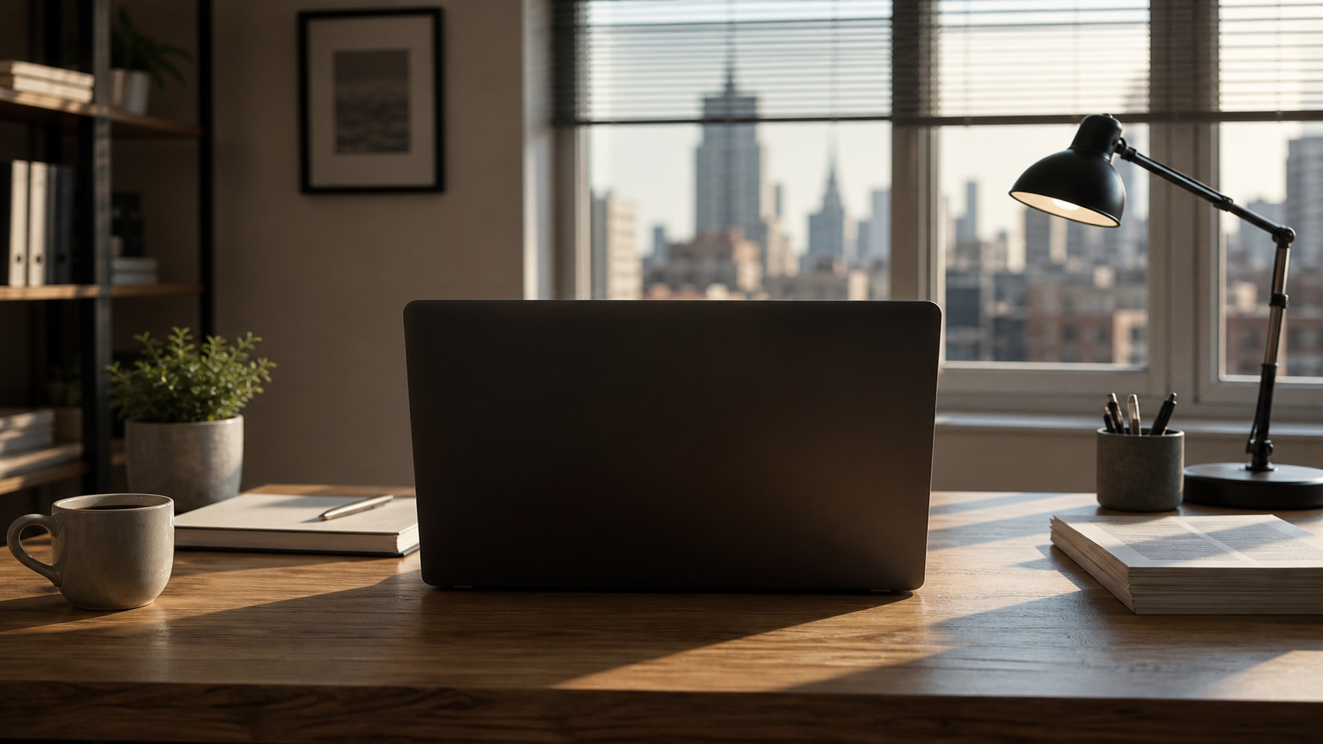 Unmarked laptop on an NYC office desk with soft morning light and skyline, no readable text