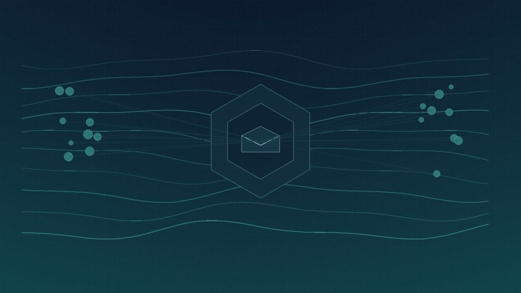 Abstract navy and teal mail-flow through a gateway hex — Cisco Secure Email Gateway CVE-2026-76461 KEV