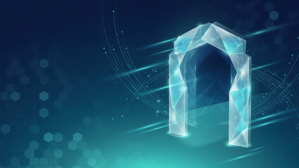 Abstract navy and teal crystalline gateway portal with network arcs — Citrix NetScaler KEV cybersecurity theme