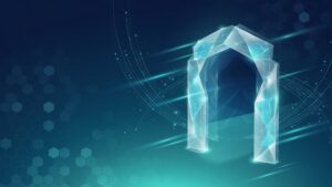 Abstract navy and teal crystalline gateway portal with network arcs — Citrix NetScaler KEV cybersecurity theme