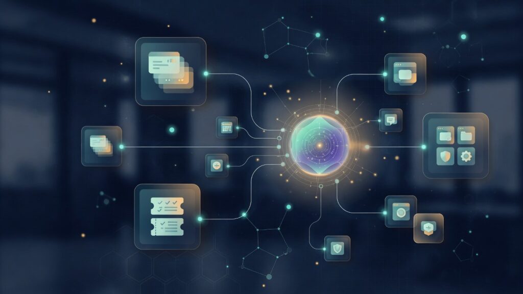 Abstract navy and teal network nodes linking business application tiles to a soft amber AI core, illustrating secure system integrations