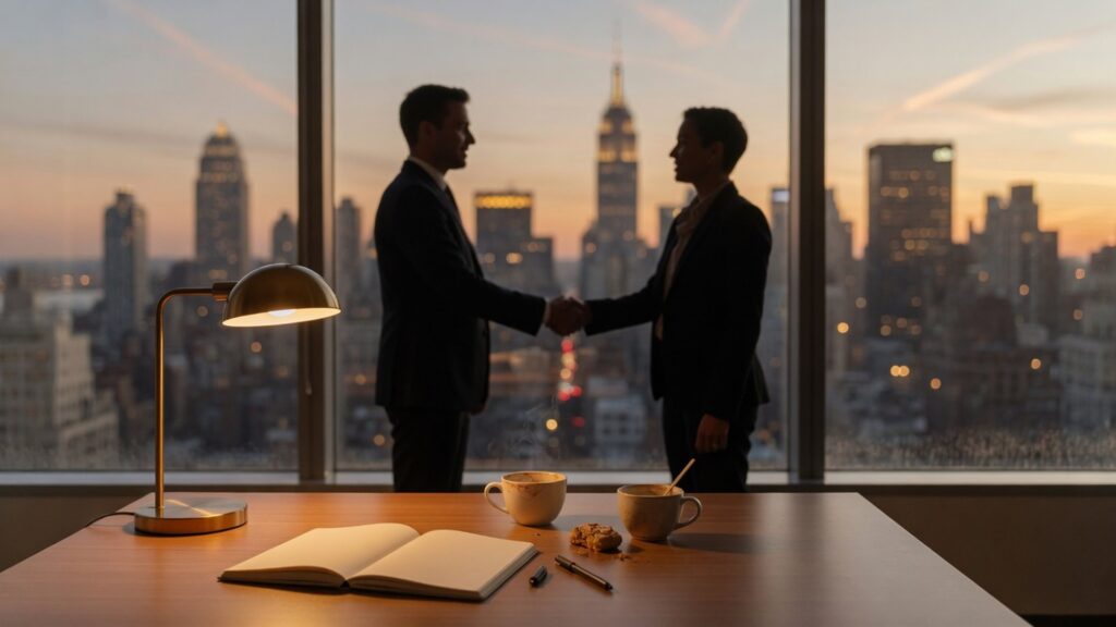 Warm NYC office with soft skyline bokeh and handshake silhouettes — trusted advisor IT referral handoff
