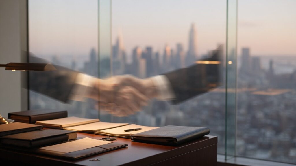 Abstract NYC law-office adjacent visual: soft skyline through glass, desk documents silhouette, handshake metaphor without faces or logos