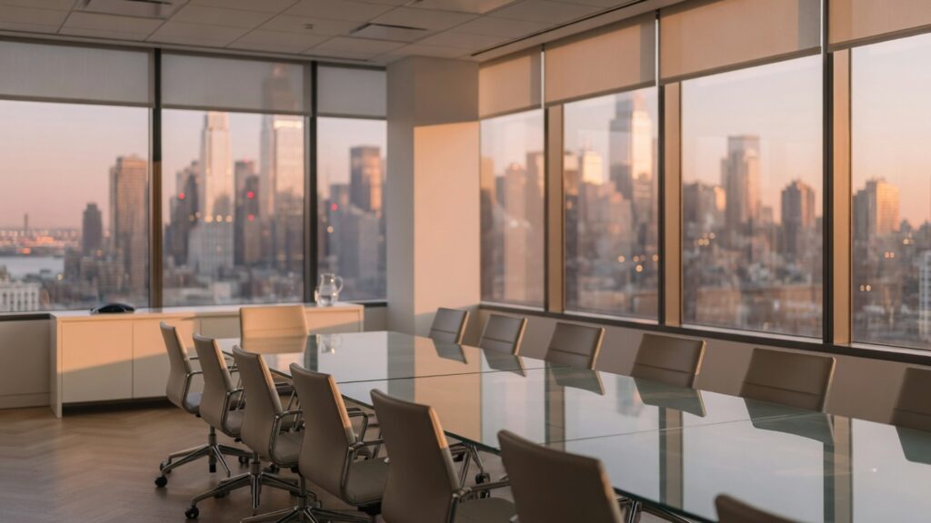 Empty NYC commercial conference room with soft Manhattan skyline bokeh through glass — CRE tenant-floor IT referral vibe