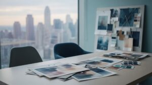 Abstract NYC marketing agency creative workspace: soft empty desk, blurred mood boards, cool teal and navy tones, soft skyline through glass — no people, logos, or text