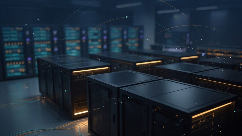Abstract dark navy and teal private server racks with soft amber accent lights, illustrating on-prem local AI infrastructure