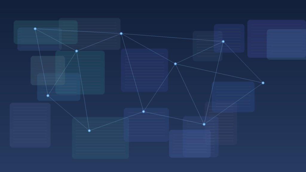Abstract navy network nodes and translucent document panels representing confidential law firm IT systems in New York City