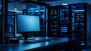 Darkened server room and empty operations desk with a blank monitor glow, illustrating on-prem RMM infrastructure risk