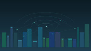 Stylized New York City skyline with teal network nodes and coverage arcs representing outsourced MSP IT support