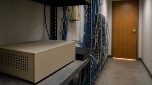 Leftover beige VoIP phone appliance in a small NYC office closet, standing in for an on-prem Sangoma Switchvox system.