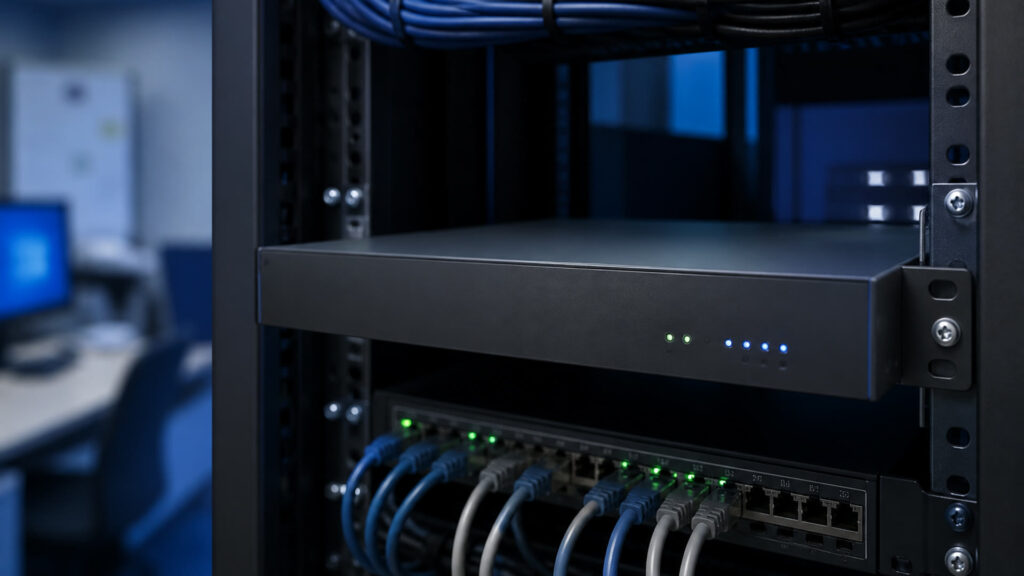 Unmarked 1U appliance with status LEDs in a small office network rack, suggesting a leftover remote-access edge device.